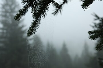 Cobweb with morning dew drops on fir tree outdoors, closeup