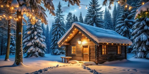 Wooden cabin in snowy forest with twinkling lights outside on Christmas Eve