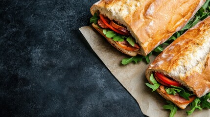 Two delicious baguette sandwiches filled with fresh arugula, tomato slices, and other ingredients are placed on parchment paper over a dark surface.