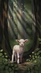 Wall Mural - A young lamb stands in a serene forest, surrounded by tall trees and soft green foliage, illuminated by gentle rays of sunlight filtering through the canopy