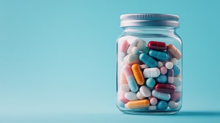 A clear glass jar filled with a variety of colorful pills, captured against a light blue background. This image highlights the diversity of medication forms and colors.