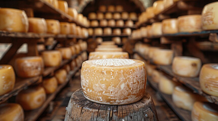 Cheese factory, cheese ripening process, cheese wheels on wooden shelves in the basement. Small business	