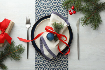 Poster - Christmas table setting with festive decor, flat lay