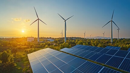 solar panels and wind turbines generating renewable energy during sunset, symbolizing sustainable po