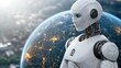 © lnwAI - AI robot standing in front of a digital globe with network nodes and locks, artificial intelligence in cybersecurity