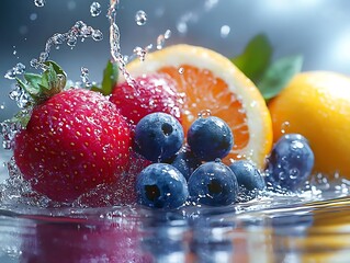 Wall Mural - Strawberry Blueberry Orange Fruit Splash - 3D Illustration