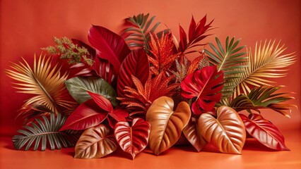 Collection of blue tropical leaves and foliage plants set against a cosmic space background.