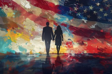 Wall Mural - Silhouetted politicians walking towards a painted American flag backdrop. Free copy space for banner.