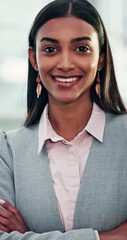 Poster - Business, woman and face with arms crossed in office for professional. corporate career or ambition. Investment banker, confident and portrait with smile at work for financial, job or banking service