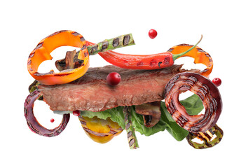 Poster - Grilled meat and vegetables in air on white background