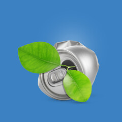 Wall Mural - Seedling with green leaves growing from crumpled can on blue background. Recycling