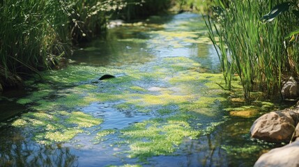 A freshwater stream with algae and aquatic insects, representing the base of the aquatic food web