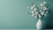 © svastix - A minimalist depiction of white blossomed branches in a simple pottery vase against a teal blue backdrop, highlighting the tranquility and elegance of nature in minimal art form.