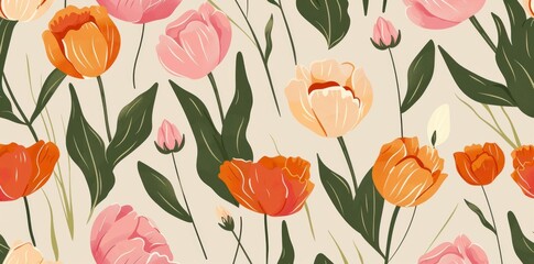 Wall Mural - Colorful floral pattern featuring tulips in pink, orange, and red hues on a light beige background