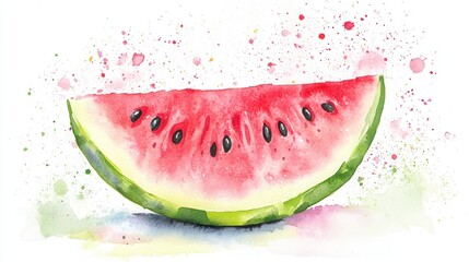 Wall Mural - Juicy Watermelon Delight - Vibrant Watercolor Slice with Seeds on Minimal Background