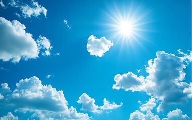 Bright sun shining in a clear blue sky filled with fluffy white clouds, creating a serene and uplifting atmosphere.