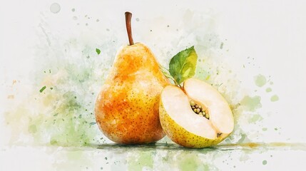 Wall Mural - Delicate Watercolor Illustration of Fresh Pear Cut Open with Seeds - Soft Greens and Yellows Blending Together in Artistic Style