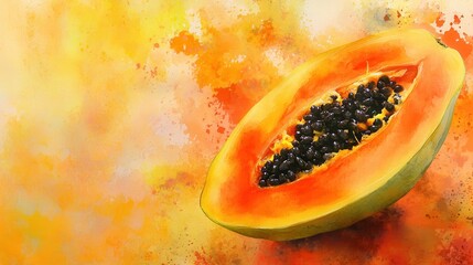 Wall Mural - Vibrant Watercolor Painting of Ripe Papaya Halved with Seeds and Flesh in Warm Tones and Abstract Background Splashes