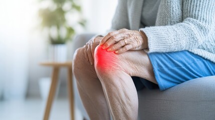 Elderly Person Suffering from Knee Pain Sitting on Sofa in Bright Living Room