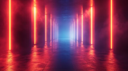 A long, dark tunnel with red and blue lights