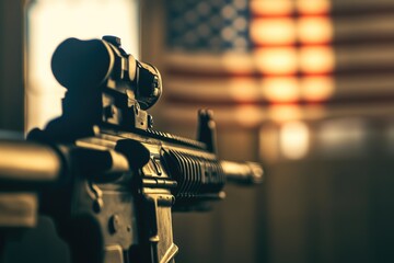 Close-up Assault Rifle Against Blurry Rooftop View