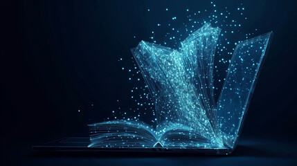 Book and screen. Low poly wireframe depiction against a blue backdrop, representing digital learning. Shows an open book and a computer monitor. A digital vector illustration illustrating online educa