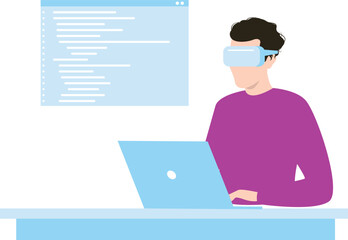 Canvas Print - The boy is wearing VR glasses and working on software programming on his laptop.