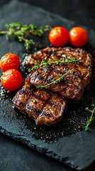 Poster - Grilled Steak Photography - Juicy Steak with Cherry Tomatoes and Thyme