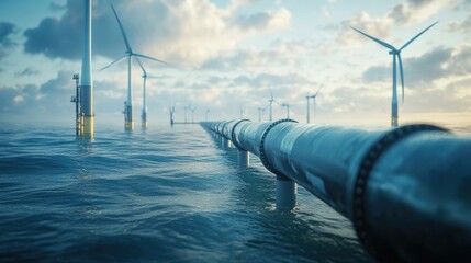 Wall Mural - Offshore hydrogen pipelines and wind turbines working together, showcasing the synergy between renewable energy sources and sustainable infrastructure.