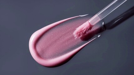 pink transparent lip gloss or oil lip care moisturizer swatch smudge with applicator brush on gray b