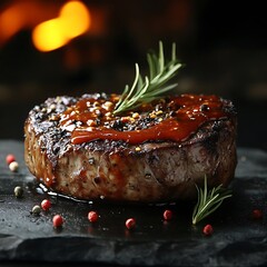 Canvas Print - Delicious Grilled Steak with Rosemary and Peppercorn Sauce - Realistic Food Photography