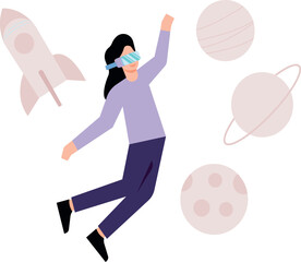 Poster - A girl wearing VR glasses looks at the planets.