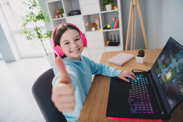 Canvas Print - Photo of pretty cheerful glad girl user sitting table with computer recommend modern technology thumb up