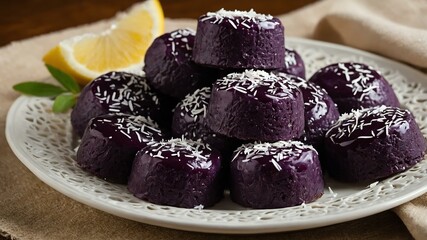 Filipino dessert dish Ube Halaya isolated on a plate, served exquisitely can be a concept for advertisement background