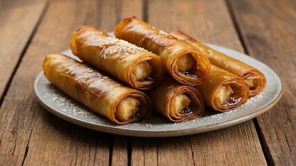 Wall Mural - Filipino dessert dish Turon isolated on a plate, served exquisitely can be a concept for advertisement background