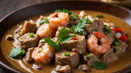 Wall Mural - Filipino main dish Bicol Express isolated on a plate, served exquisitely can be a concept for advertisement background