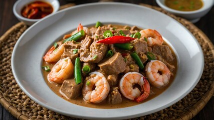 Wall Mural - Filipino main dish Bicol Express isolated on a plate, served exquisitely can be a concept for advertisement background