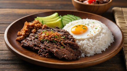 Wall Mural - filipino rice dish tapsilog isolated on a wooden plate, concept for advertisement background