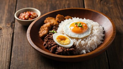 Wall Mural - filipino rice dish tapsilog isolated on a wooden plate, concept for advertisement background