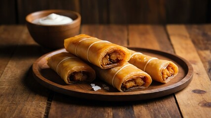 filipino dessert dish turon isolated on a wooden plate, concept for advertisement background