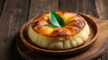 Wall Mural - filipino dessert dish bibingka isolated on a wooden plate, concept for advertisement background