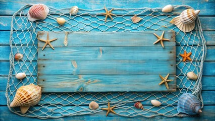 Blank blue wood sign decorated with seashells and fish net border perfect for coastal themed designs