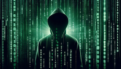 A mysterious hooded figure stands in front of streaming green binary code, evoking concepts of digital security.
