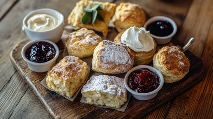 A rustic breakfast board with a selection of freshly baked scones, jams, and clotted cream on a wooden table.