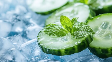 Fresh cucumber slices with mint leaves beautifully arranged on a bed of ice, exuding a sense of coolness and refreshment perfect for a summer theme.