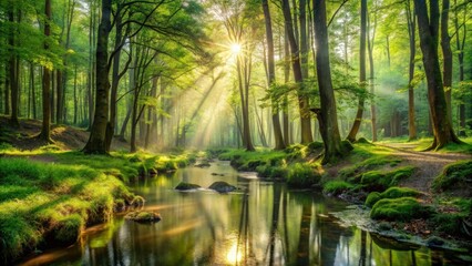 Tranquil forest panorama with shallow brook and sun rays filtering through lush green trees