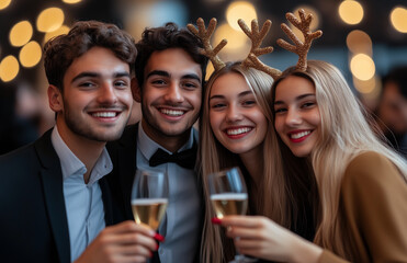 diverse group of smiling young people toasting with champagne glasses at a Christmas party