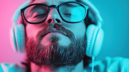 A man wearing headphones is set against a blue and pink gradient backdrop, merging the elements of modern technology and vibrant colors in a trendy aesthetic.