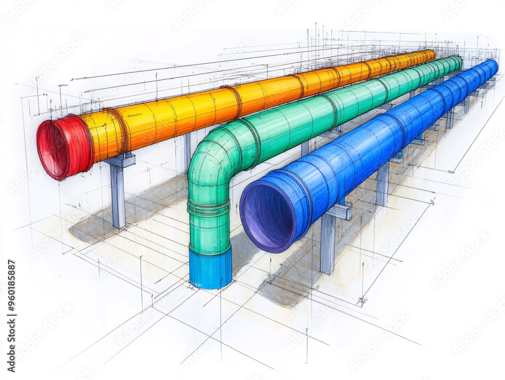 Colorful pipeline design showcasing various pipe sections and joints ...