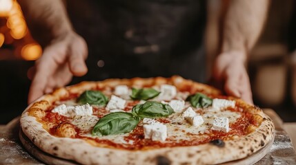 A close-up of a hot, freshly baked pizza topped with fresh basil leaves, chunky mozzarella cheese pieces, and a tomato sauce base being prepared by a chef.